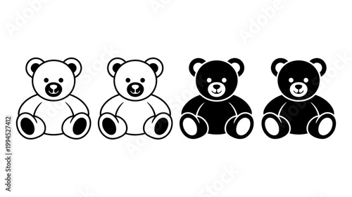 Set of four teddy bear icons in black and white variations representing cute stuffed toys