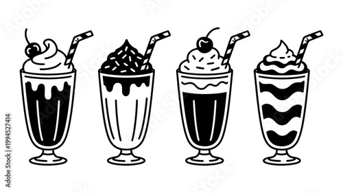 Four unique black and white vector illustrations of creamy milkshakes topped with whipped cream and cherries