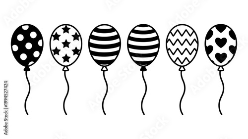 Six black and white line art balloons with diverse decorative patterns for celebrations