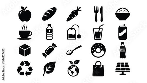 Collection of food and drink icons including fruit bread vegetables coffee tea sweets beverages with solar panel hot drink cold drink flat design junk food organic food eco friendly recycling