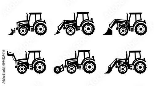 Six distinct tractor illustrations in black and white showcasing various front loader designs