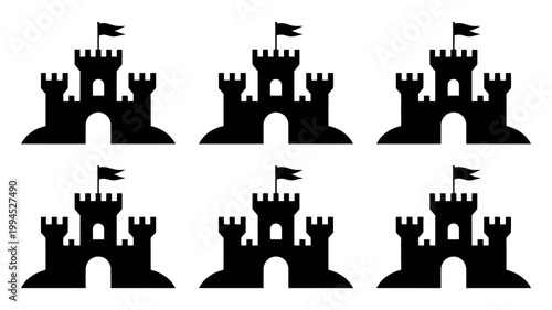Six black silhouette medieval castles with flags on white background simple vector graphic