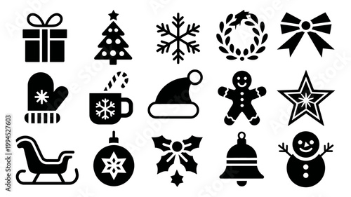 Assortment of black silhouette Christmas holiday icons and symbols vector illustration