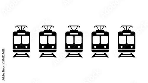 Row of five identical black silhouette tram icons on white background vector graphic