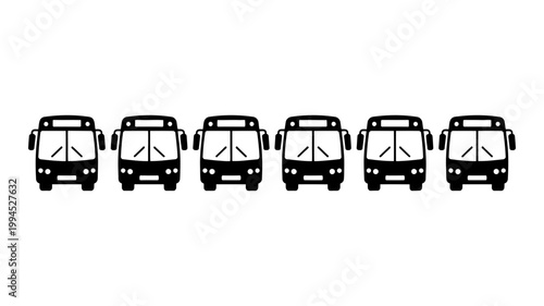 Row of identical black silhouette bus icons on white background vector graphic