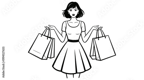 Stylized black and white illustration of a woman holding shopping bags
