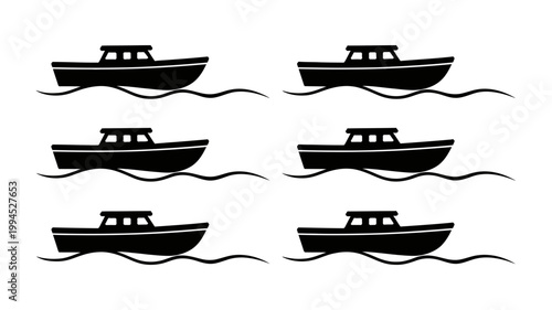 Six identical black silhouette boat icons on wavy water background vector graphic
