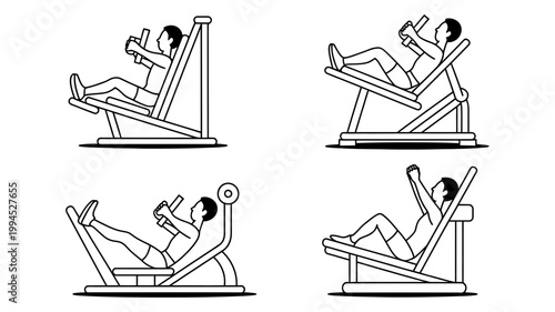 Four line art illustrations of a person using a leg press machine in various exercise positions