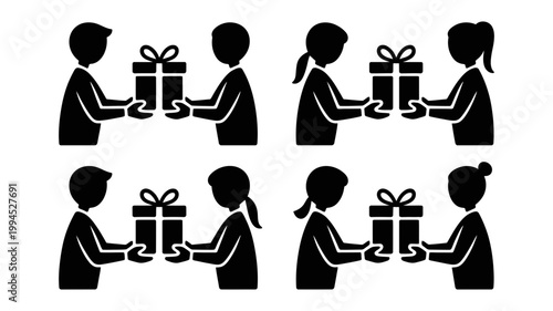 Six silhouetted figures exchanging gift boxes with ribbons and bows