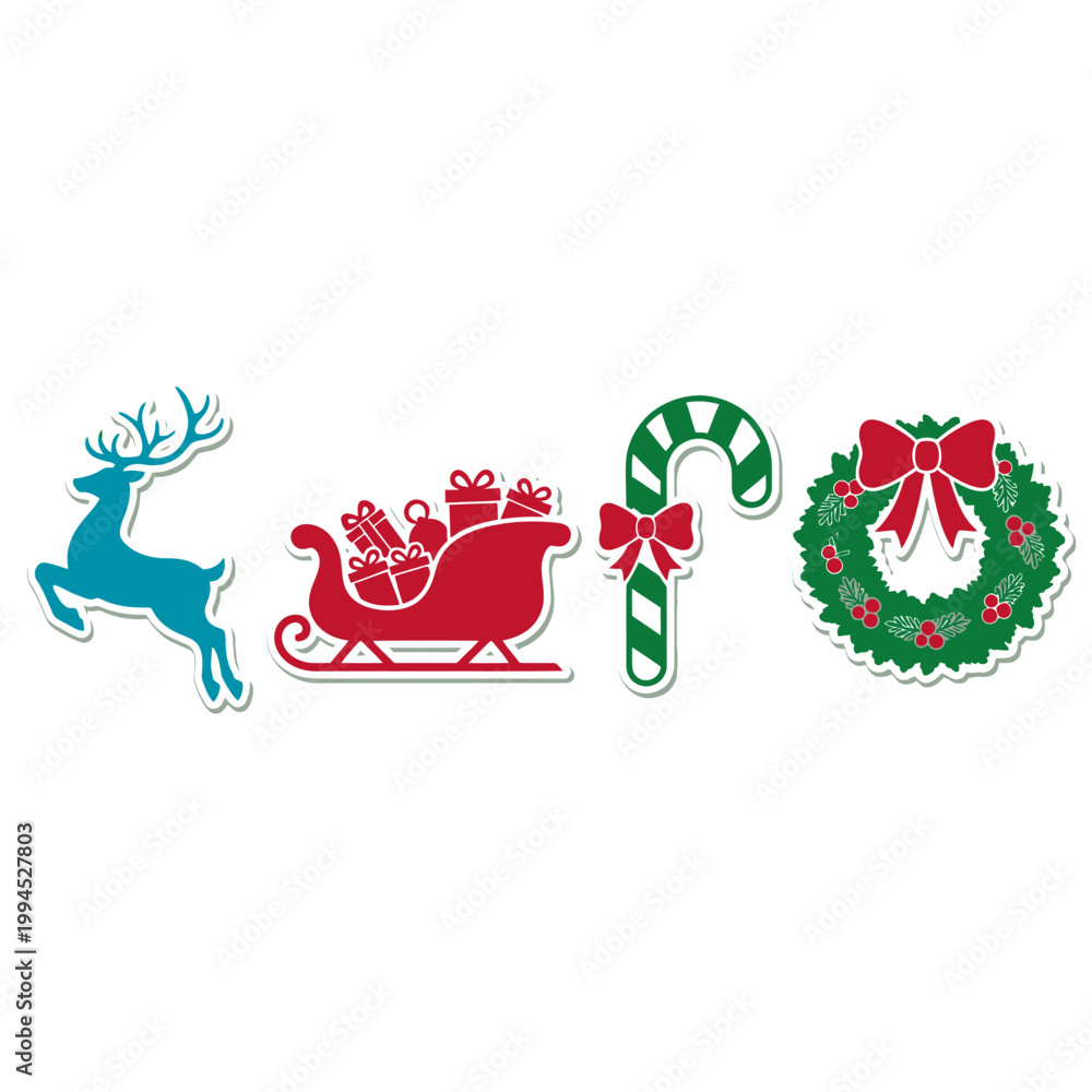 Fototapeta premium Christmas Icons: Reindeer, Sleigh, Candy Cane, Wreath with Bow