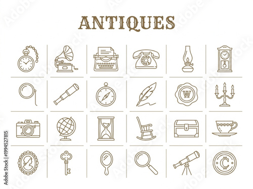 Collection of vintage-style line art antique icons illustrating various historical objects on a clean white background