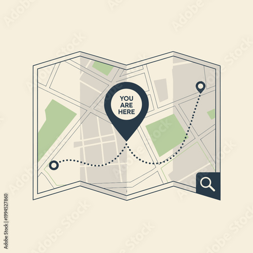 City Map Navigation: You Are Here Pin with Route and Search Icon