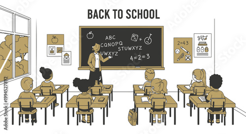 Back to school, classroom vector illustration, education icons, school supplies graphics