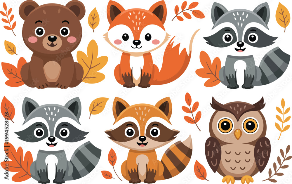 Obraz premium Cute cartoon woodland animal illustration set of six bears foxes raccoons and owl with autumn leaves in grid layout
