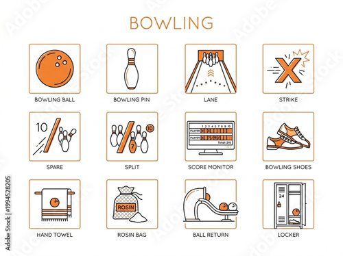 Comprehensive collection of orange and black line art bowling icons illustrating various aspects of the sport on a white background