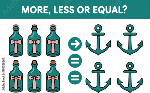 Educational math comparison illustration with teal bottles and anchors teaching more less or equal concept in simple vector design