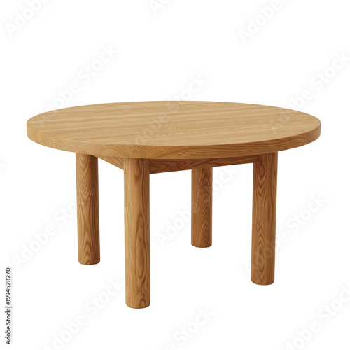 Round wooden table made of solid light oak with four thick legs for interior furniture design