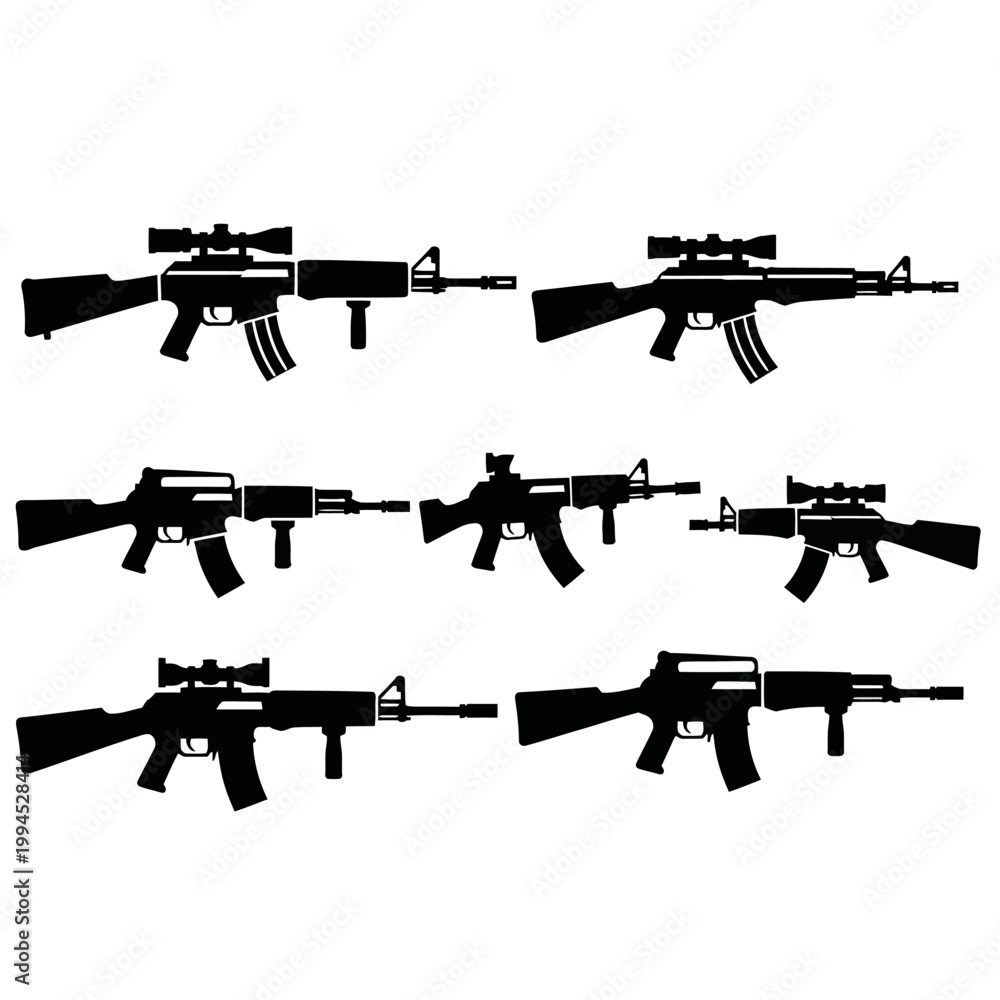 Obraz premium Collection of Silhouette Assault Rifles with Scopes