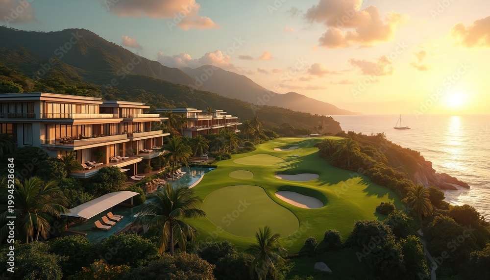Fototapeta premium Luxury hotel resort sits on a hill overlooking ocean. Golf course greens surround modern buildings. Sailboat drifts on calm sea at sunset. Lush tropical nature blends with architecture.