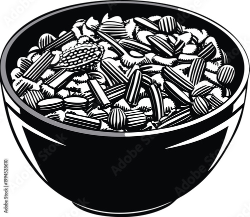 Black and white cereal bowl, breakfast food illustration, vector graphic, monochrome snack bowl