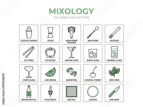 Comprehensive collection of green and black line art mixology icons featuring professional bar tools and cocktail garnishes on a white background.