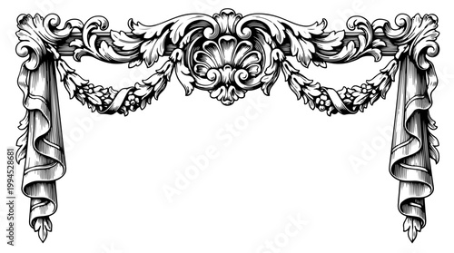 Intricate black and white baroque scrollwork frames a beautifully detailed central shell motif, gracefully extending into delicate floral festoons and classically draped curtains on each of the sides