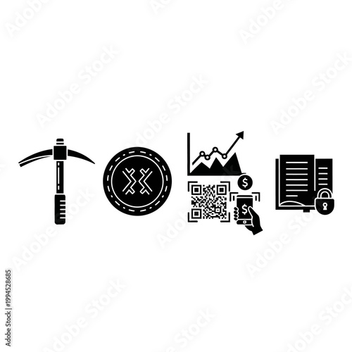 Cryptocurrency Mining, Blockchain, QR Code Payment, Secure Data Storage Icons