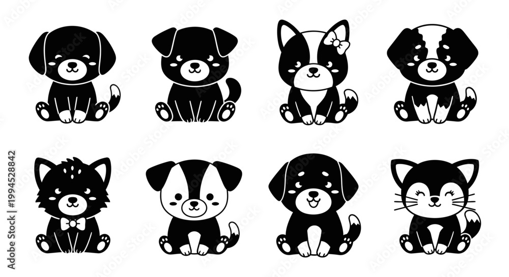 Fototapeta premium Cute Black and White Cartoon Puppies and Kittens Set