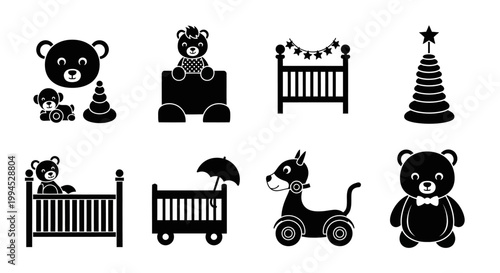 Cute Baby Toys Silhouette Collection: Bears, Crib, Stacking Rings, Rocking Horse