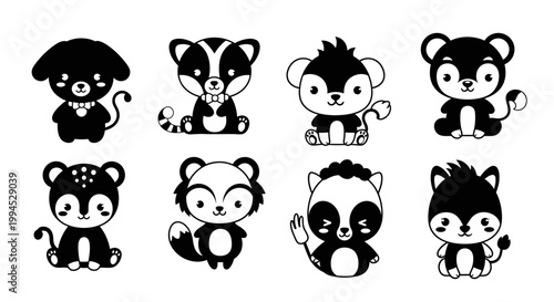 Cute Cartoon Animals Set: Forest Creatures, Woodland Pals, Black and White Vector Icons