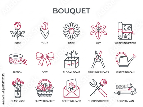 Comprehensive collection of pink and black line art bouquet icons illustrating florist tools and various flower types on a white background