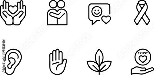 Clean vector illustration of emotional support icons including heart hands embrace speech bubble ribbon and trust symbol in minimal style