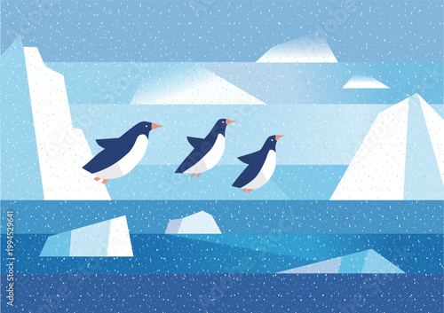 氷山で遊ぶ可愛いペンギンたちのほのぼの冬イラスト