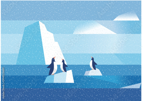 氷山で遊ぶ可愛いペンギンたちのほのぼの冬イラスト
