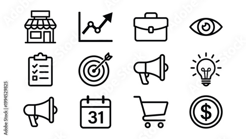 Business and finance icons including storefront graph briefcase eye checklist target megaphone lightbulb calendar shopping cart dollar coin with business concepts financial icons startup icons