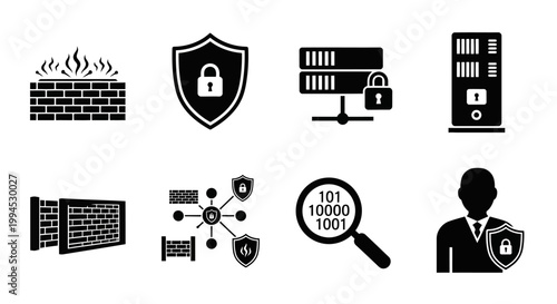 Cybersecurity Icons: Firewall, Shield, Server, Data Security, Network Protection, Magnifying Glass, User