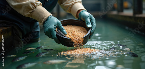 Hands in gloves pour fish pellets into water for hungry fish. Worker feeds aquatic farm animals in aquaculture pond. Seafood cultivation industry grows protein.