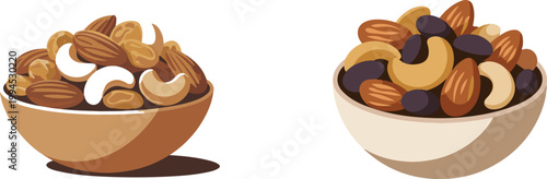Healthy nuts in bowls set vector illustration snacks food collection.