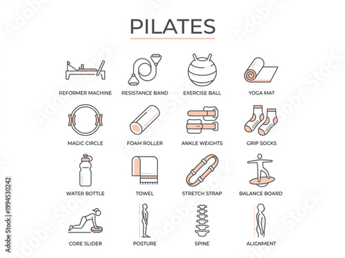 Professional collection of two-tone Pilates and fitness equipment icons featuring diverse exercise tools and health concepts on a white background