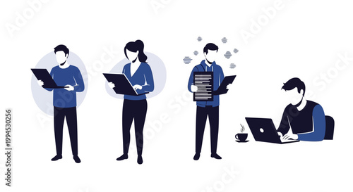 Diverse people working together with laptops and documents, modern office concept