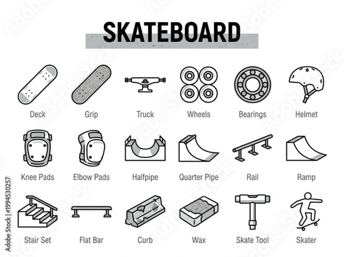 Detailed collection of grey and black line art icons representing skateboarding equipment and skatepark obstacles on a white background