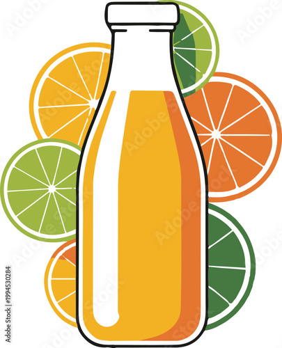 Orange juice bottle with citrus fruit slices vector illustration.