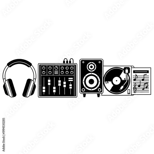 DJ Equipment Set: Headphones, Mixer, Speaker, Turntable, and Sheet Music
