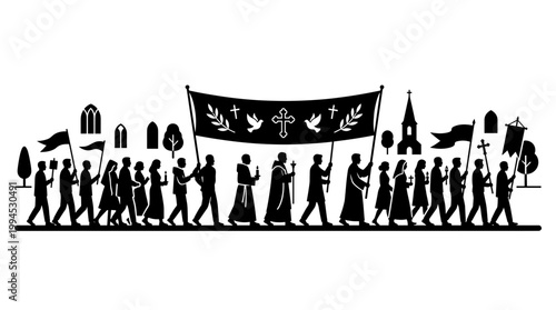 A silhouette depicts a religious procession carrying banners and crosses