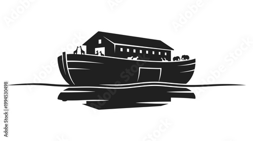 A silhouette of Noah's Ark, sailing on calm waters