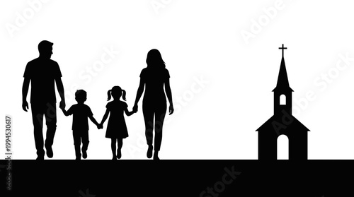 A family of four walking toward a church, representing faith and togetherness