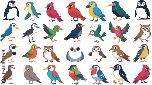 Flat minimalist bird illustration set arranged in grid featuring colorful tropical and woodland birds with central focal parrot composition