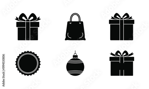 Christmas gifts shopping bag and ornament vector silhouette illustration.