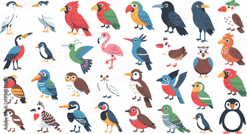 Flat minimalist bird illustration set arranged in grid featuring colorful tropical and woodland birds with central focal parrot composition