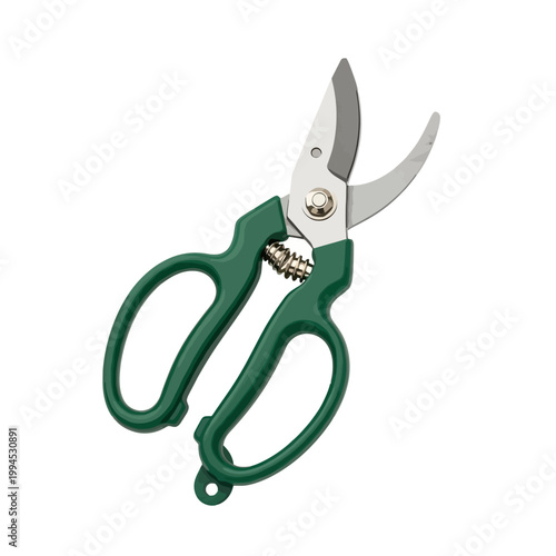 Gardening Pruning Shears with Green Handles, Sharp Blades, Isolated on White